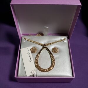 Kenneth Cole Signed Open Teardrop Necklace & Earrings Set Gold Tone, with tags